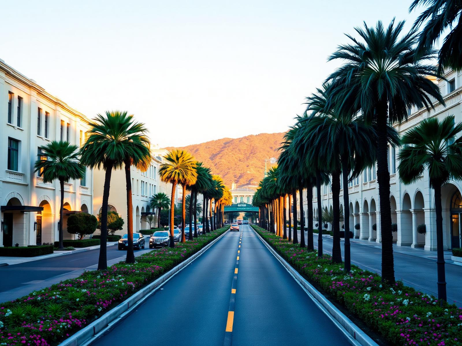 Restored Beverly Hills boulevard at golden hour
