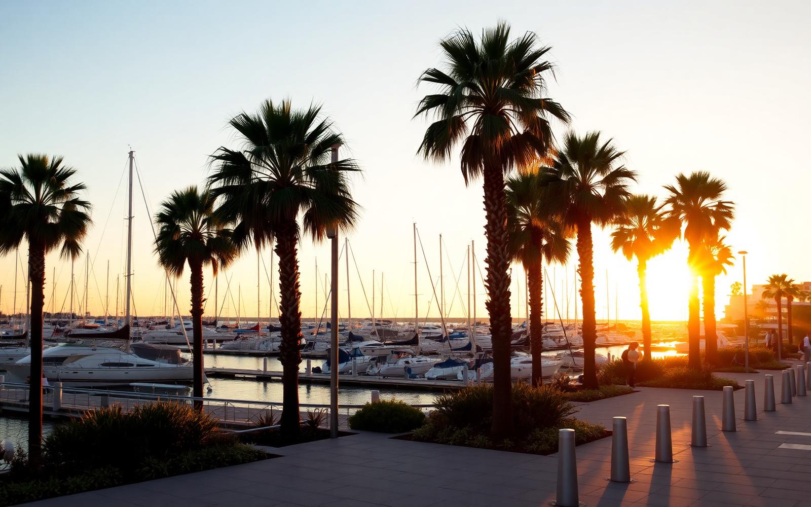 Marina del Rey waterfront at golden hour