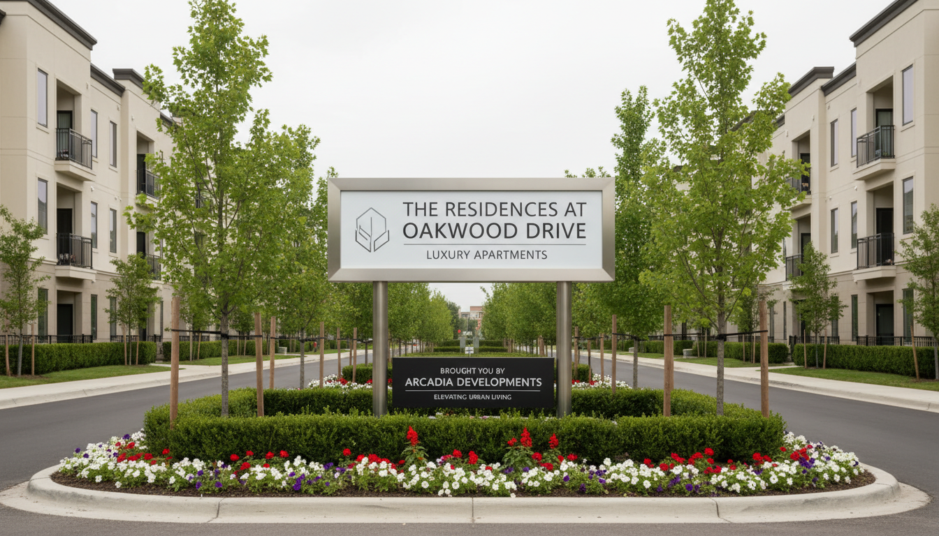 A high-end residential development promotional signage installed on a freshly manicured boulevard, surrounded by lush hedges, newly planted maple saplings, and symmetrical flower beds. The sign is mounted on brushed metal posts with crisp, professional branding. The setting features a backdrop of tastefully restored apartments with neutral facades and clear architectural lines. Overcast, diffused light allows softly blended shadows and uniform tone across the image, creating a poised, composed mood. Photographed straight-on at medium height, the balanced, minimalist layout maintains clarity and sophistication, reinforcing the company’s commitment to beautification and quality real estate development in a photographic, corporate style.