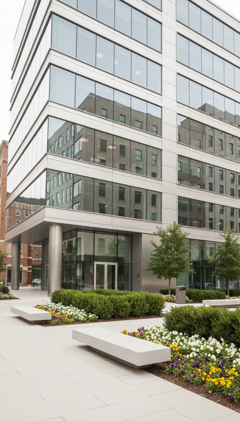 A newly renovated, modern office building with a sleek glass facade and brushed aluminum accents, showcasing crisp reflections and immaculate landscaping with neat rows of trimmed boxwoods and seasonal flowers. The building stands at the heart of a revitalized urban block, surrounded by clean stone sidewalks and minimalist benches. Soft, diffused midday light bathes the structure, creating balanced highlights along its edges without harsh shadows. The atmosphere is calm and professional, suggesting progress and stability. The composition is photographed at eye level, using the rule of thirds to highlight both the architectural lines and surrounding greenery, in sharp photographic realism with a clean, corporate aesthetic that aligns with the brand’s mission of urban revitalization.