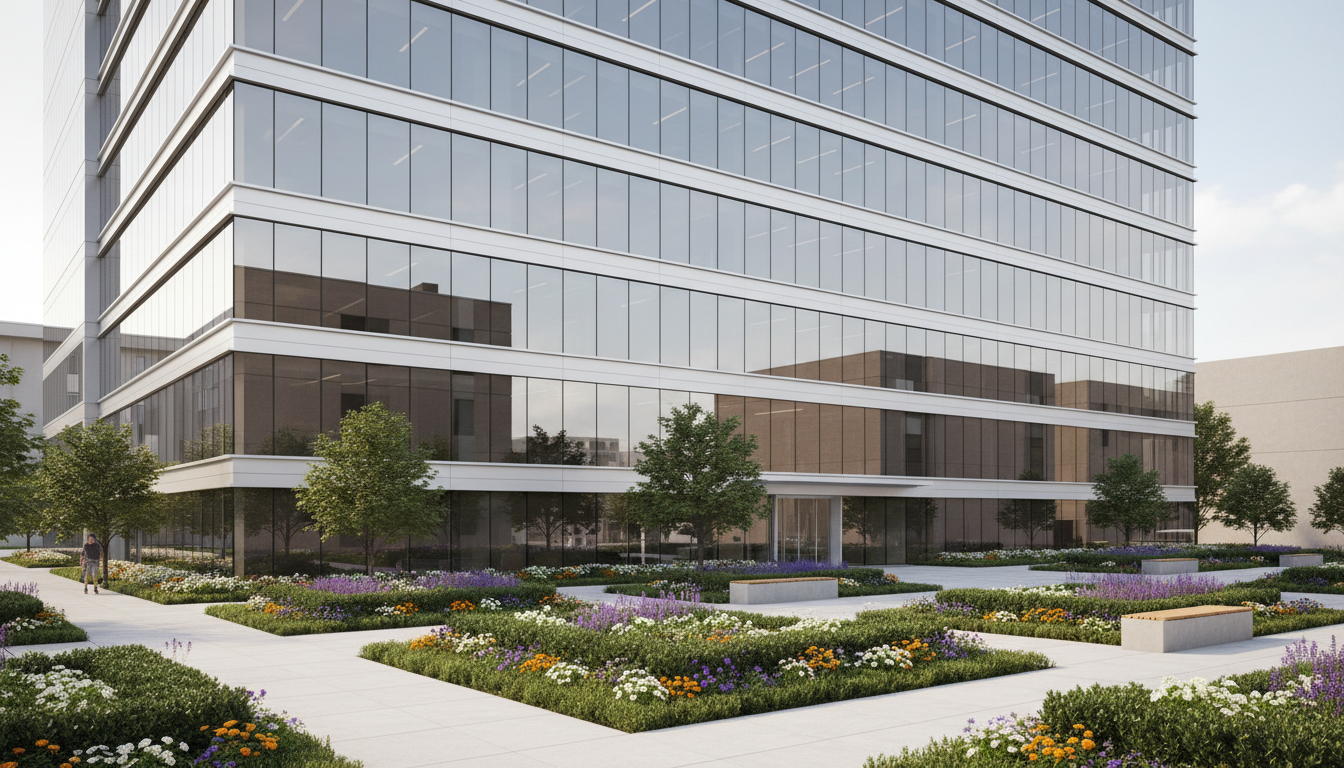 A newly renovated, modern office building with a sleek glass facade and brushed aluminum accents, showcasing crisp reflections and immaculate landscaping with neat rows of trimmed boxwoods and seasonal flowers. The building stands at the heart of a revitalized urban block, surrounded by clean stone sidewalks and minimalist benches. Soft, diffused midday light bathes the structure, creating balanced highlights along its edges without harsh shadows. The atmosphere is calm and professional, suggesting progress and stability. The composition is photographed at eye level, using the rule of thirds to highlight both the architectural lines and surrounding greenery, in sharp photographic realism with a clean, corporate aesthetic that aligns with the brand’s mission of urban revitalization.