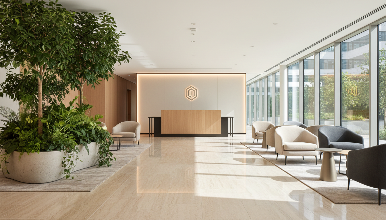 A sophisticated indoor lobby space newly updated, showcasing polished travertine flooring, floor-to-ceiling windows, and a clean-lined, minimalist reception desk in light oak and matte black steel. Neutral-toned upholstered seating and a large, sculpted indoor planter with thriving ferns and ficus trees add a touch of organic vitality. Natural daylight streams in, creating subtle highlights on metallic finishes and soft, dappled shadows on seating areas. The atmosphere is serene, professional, and welcoming. Photographed with a centered, wide-angle composition in crisp photographic realism, emphasizing the elegant integration of nature and structure for an elevated corporate impression.