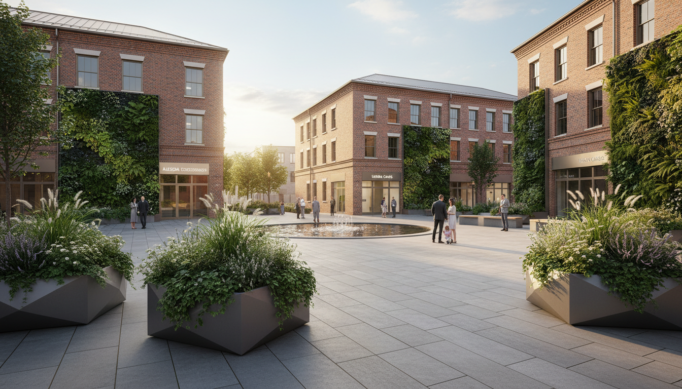 A meticulously landscaped public plaza framed by revitalized historic brick buildings with elegant, modern signage and vertical garden walls. In the foreground, geometric planters of brushed concrete feature lush, well-maintained greenery. The plaza is paved with large, neutral-toned stone tiles. Late afternoon sunlight casts long, soft-edged shadows, gently illuminating the rejuvenated facades and creating a tranquil, inviting mood. Captured from a slightly elevated perspective with an intentional leading line guiding the viewer’s eye through the open space, the image features balanced composition, subtle color palette, and a structured corporate style that communicates the company’s commitment to beautifying urban environments.