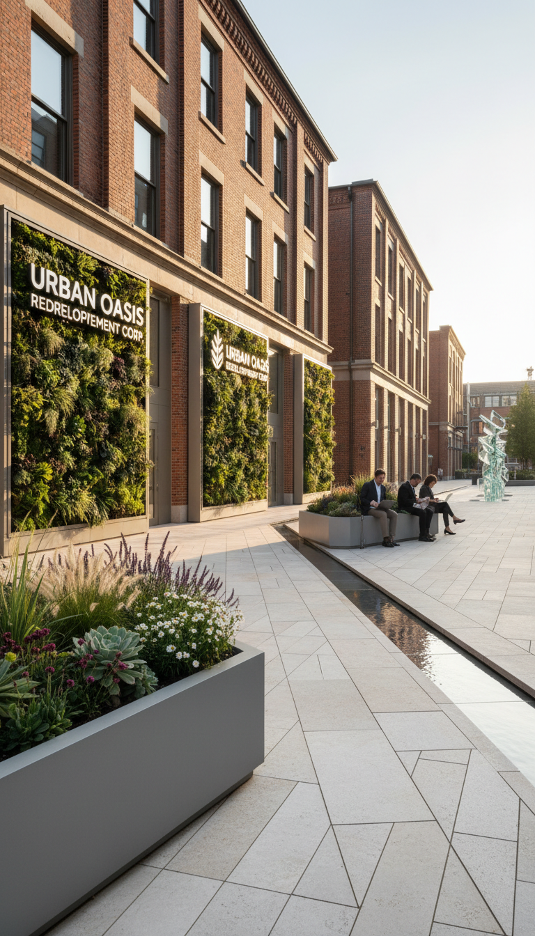 A meticulously landscaped public plaza framed by revitalized historic brick buildings with elegant, modern signage and vertical garden walls. In the foreground, geometric planters of brushed concrete feature lush, well-maintained greenery. The plaza is paved with large, neutral-toned stone tiles. Late afternoon sunlight casts long, soft-edged shadows, gently illuminating the rejuvenated facades and creating a tranquil, inviting mood. Captured from a slightly elevated perspective with an intentional leading line guiding the viewer’s eye through the open space, the image features balanced composition, subtle color palette, and a structured corporate style that communicates the company’s commitment to beautifying urban environments.