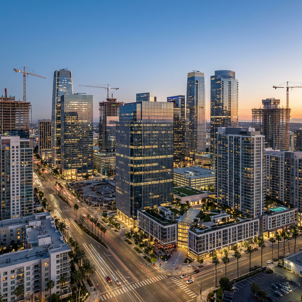 Aerial view of modern skyscrapers and construction cranes in a city at dusk.