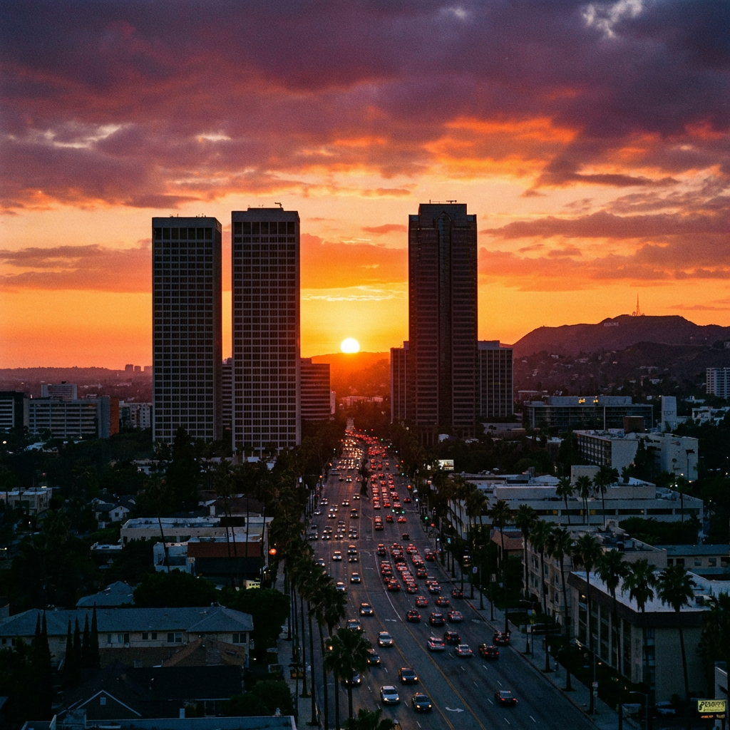 Vibrant sunset over iconic Los Angeles skyline Busy city boulevard at sunset with skyscrapers framing the sun and distant mountains.